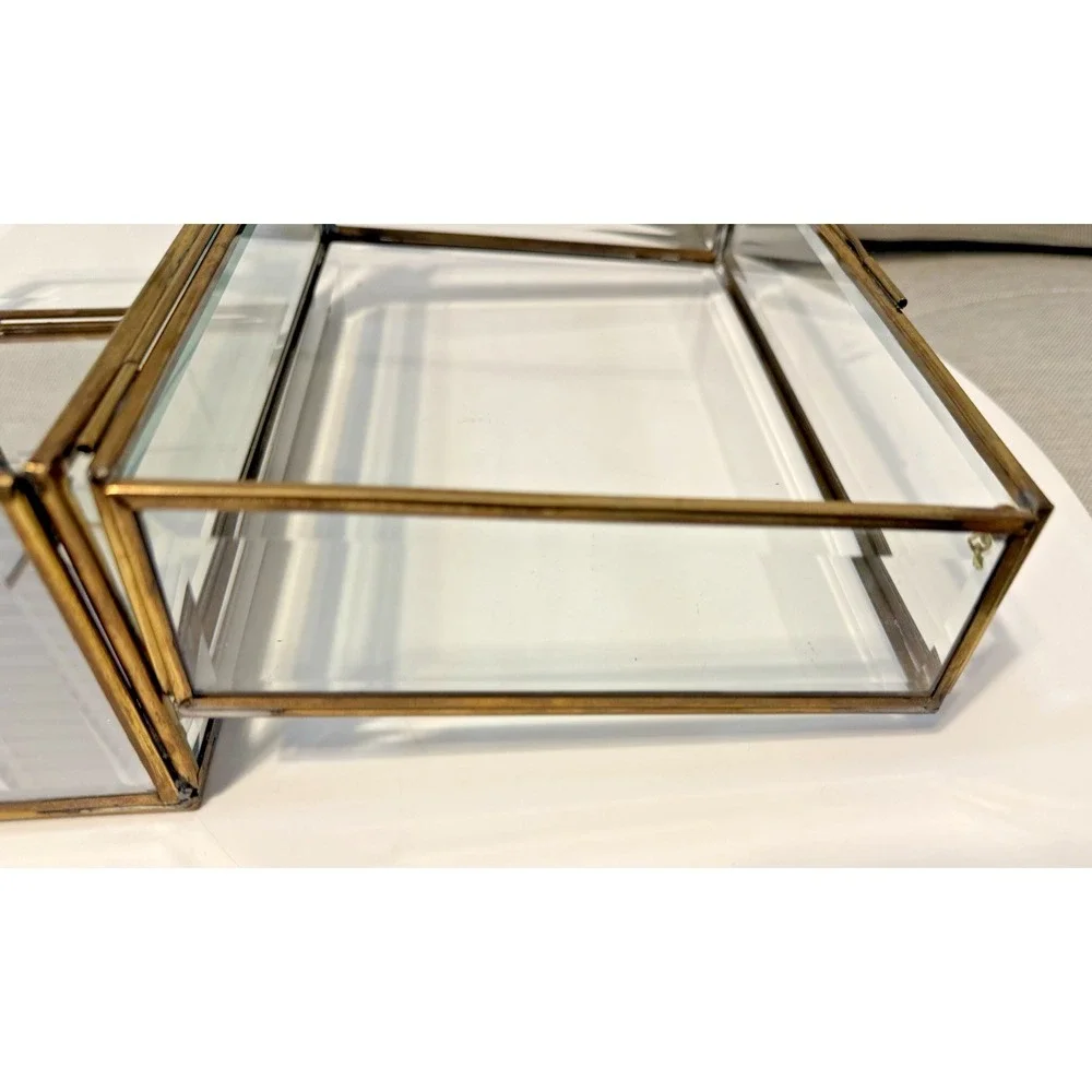 Vintage Enesco Glass Brass Large Curio Trinket Jewelry Box Display
